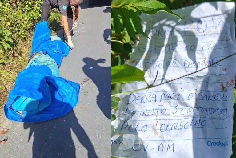 Vista da rodovia AM-010 na zona rural de Manaus onde um corpo foi encontrado envolto em lonas com sinais de violência.