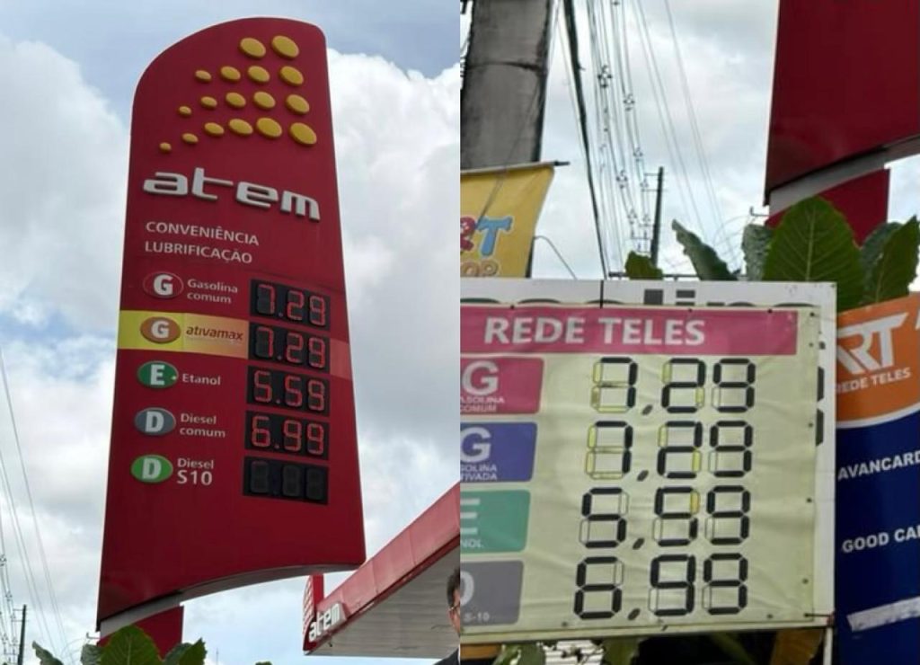 Bomba de combustível em posto com foco no bico injetor de diesel em destaque.