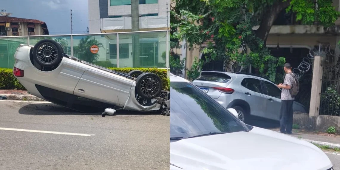 Veículo capotado na avenida Ivonete Machado após colisão entre dois carros em Manaus