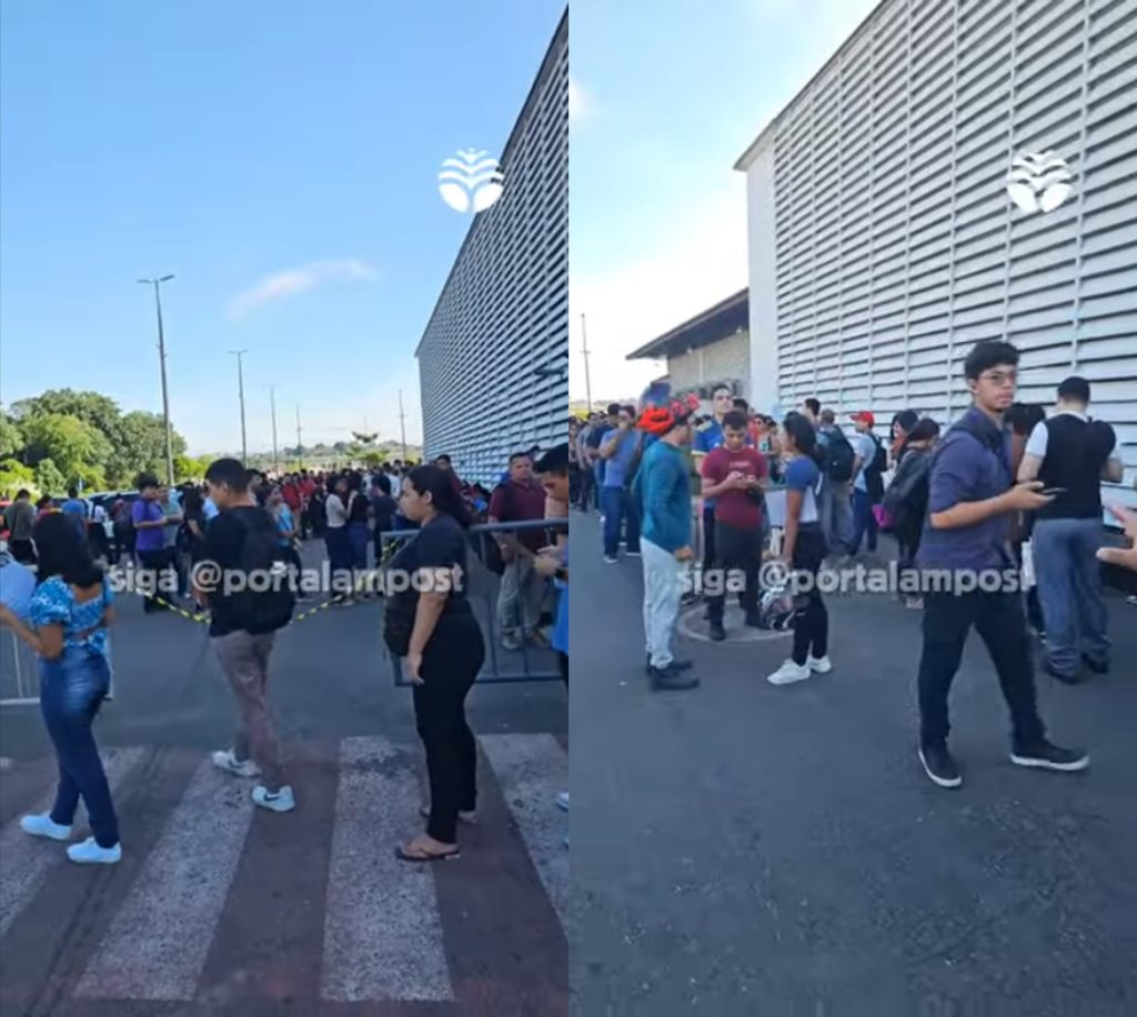 Pessoas em fila externa aguardando atendimento no Sine Manaus no Shopping Phelippe Daou para o megafeirão de empregos municipal.