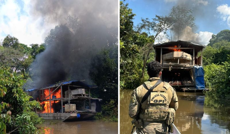 Agentes da Polícia Federal e Ibama em operação de destruição de dragas de garimpo ilegal no Rio Jandiatuba Amazonas
