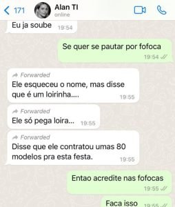 Captura de tela de conversa de celular atribuída a Daniel Vorcaro com foto de Monique Alfradique no perfil de Alan da TI
