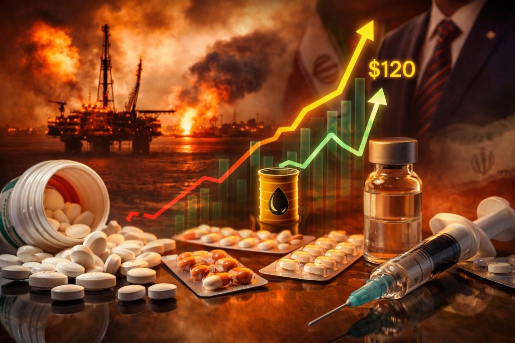 Ilustração do impacto da guerra no oriente médio na produção de remédios e insumos farmacêuticos