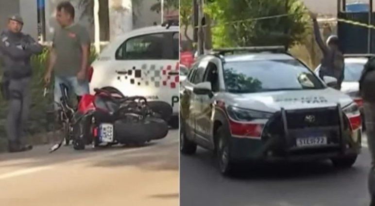 policiais e viaturas em rua de são paulo após ocorrência de assalto no bairro do butantã