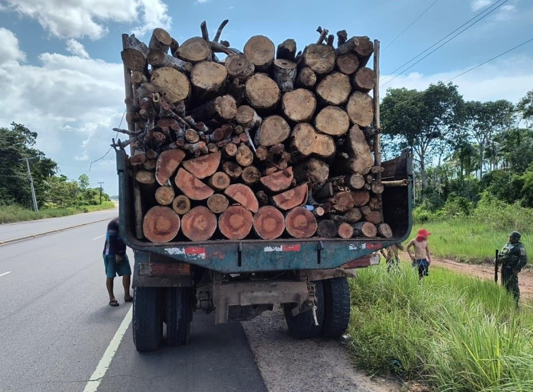 Caminhão apreendido pelo Ipaam carregado com lenha ilegal na rodovia AM-070 em Manacapuru