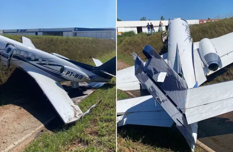Jato executivo parado em barranco após sair da pista no aeroporto de Jundiaí em São Paulo