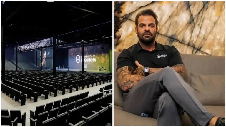 Interior da Igreja Lagoinha Belvedere e retrato do pastor Fabiano Zettel investigado por fraude financeira.
