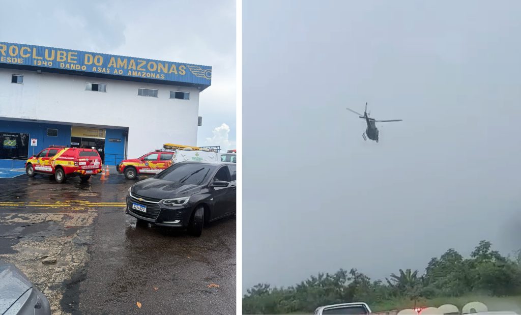 Equipes de resgate e bombeiros no local do acidente com avião monomotor que saiu da pista no aeroclube de manaus