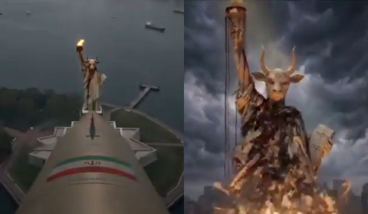 Representação artística de vídeo feito com inteligência artificial mostrando a destruição da estátua da liberdade