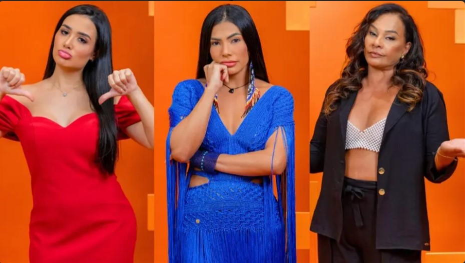 As participantes Jordana, Marciele e Solange Couto no 12º paredão do reality show bbb 26