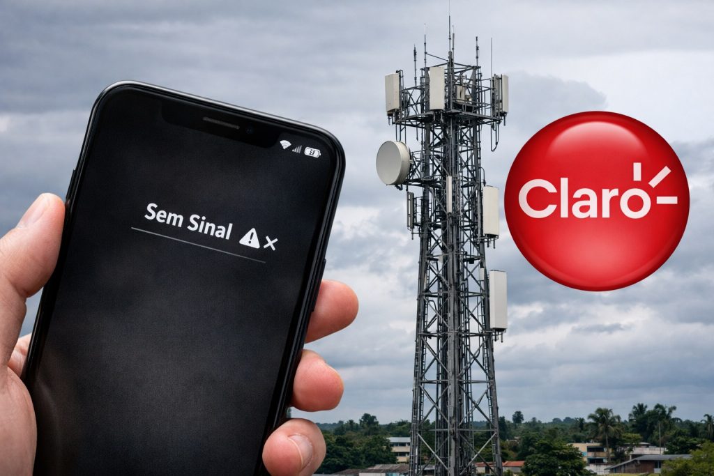 Logotipo da operadora Claro e vista da cidade de Ipixuna no Amazonas representando a decisão judicial sobre serviços de internet.