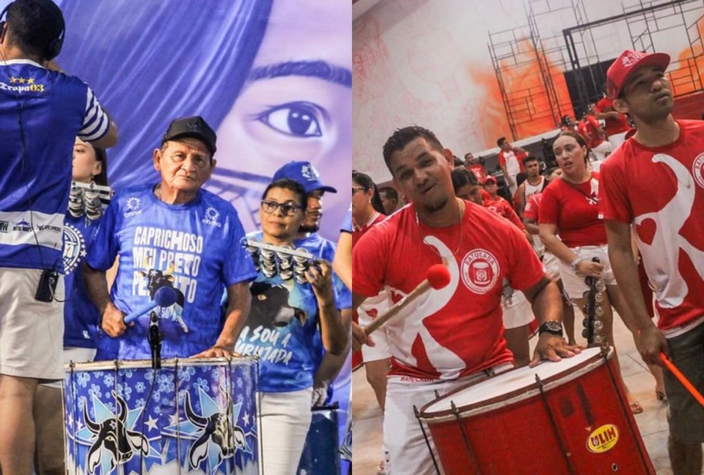 Apresentação dos bois Caprichoso e Garantido no Bumbódromo durante o lançamento do Festival de Parintins