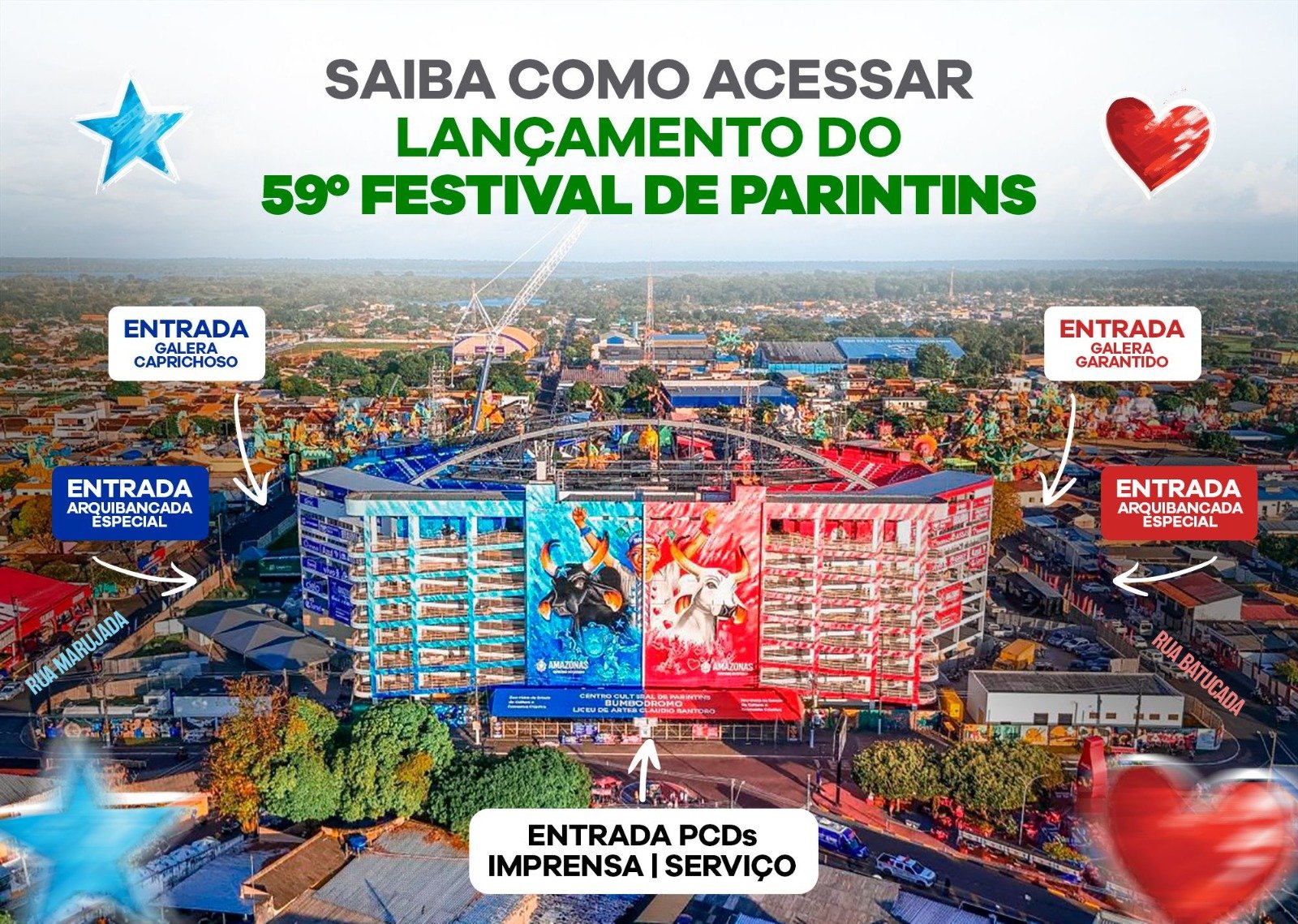 Vista interna do Bumbódromo de Parintins preparado para o lançamento oficial do festival com iluminação especial