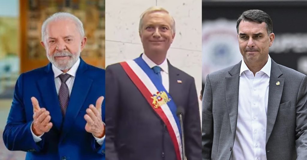 Montagem com o presidente Lula, o chileno José Antonio Kast e o senador Flávio Bolsonaro.