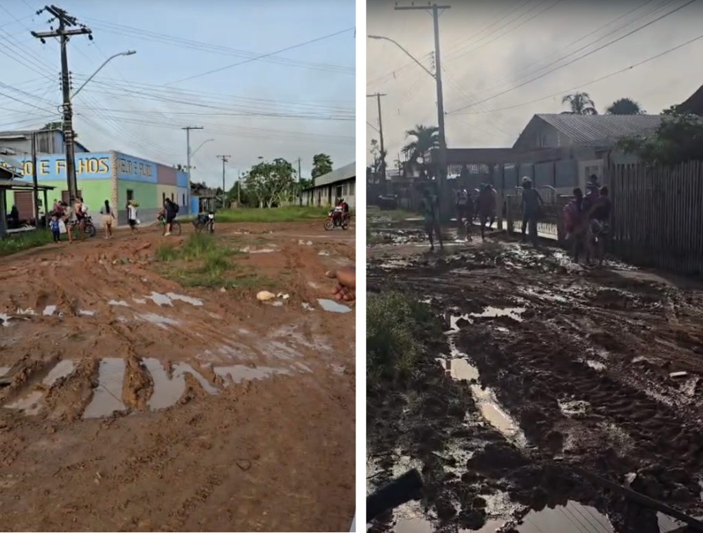 rua de terra com lama e buracos em envira no interior do amazonas