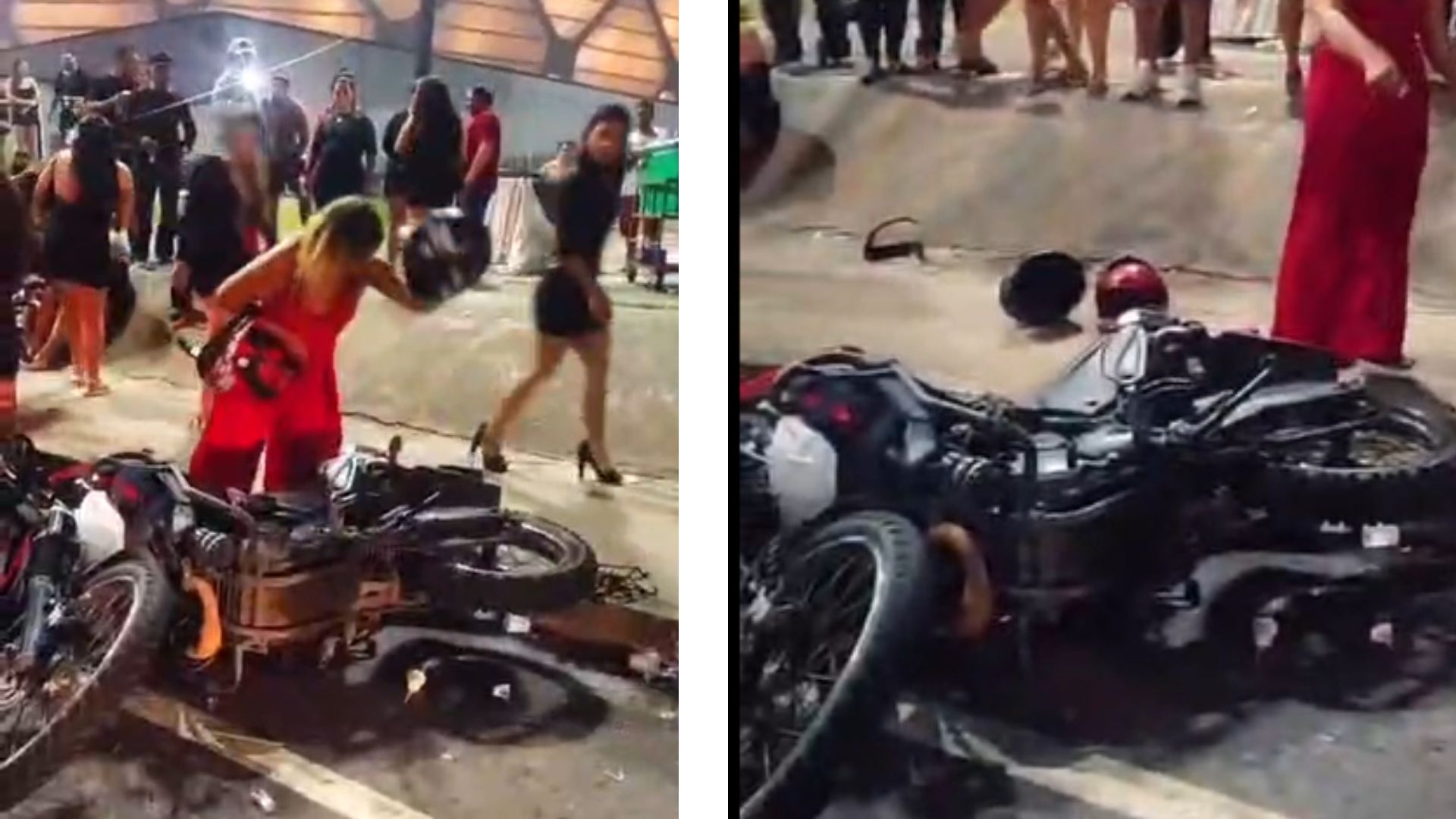 Mulher perfura pneu de motocicleta caída no chão durante confusão na saída do show do Pablo em Manaus.