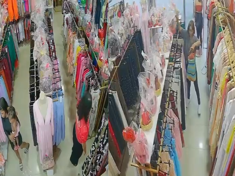 Câmeras de segurança flagram duas mulheres furtando roupas em uma loja no bairro Jorge Teixeira em Manaus.