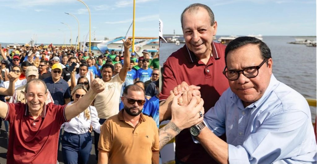 O senador Omar Aziz em agenda política no município de Coari acompanhado de aliados locais
