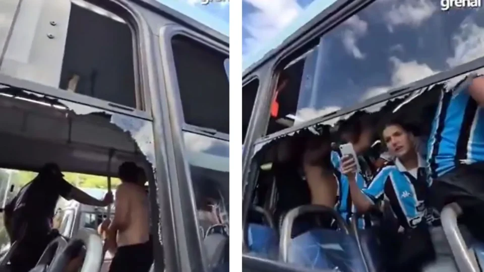 Janelas de ônibus de torcedores do Grêmio quebradas por pedras próximo ao estádio Beira-Rio