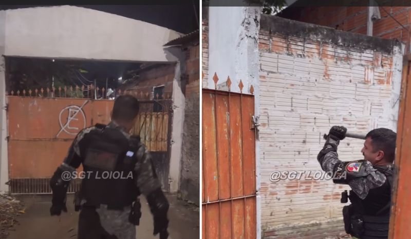 Sargento da Polícia Militar removendo portão irregular em via pública na zona norte de Manaus