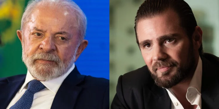 Montagem fotográfica com o presidente Lula e o empresário Daniel Vorcaro sobre ausência de registros de reuniões no Palácio do Planalto