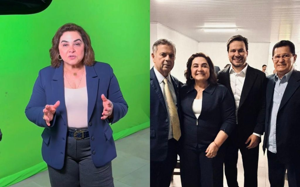 Professora Maria do Carmo ao lado de lideranças do PL em Brasília durante gravações partidárias para rádio e televisão.