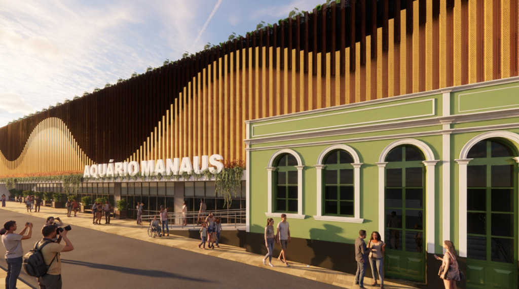 projeção digital do novo aquário de manaus com arquitetura moderna integrada ao centro histórico e vista para o rio negro