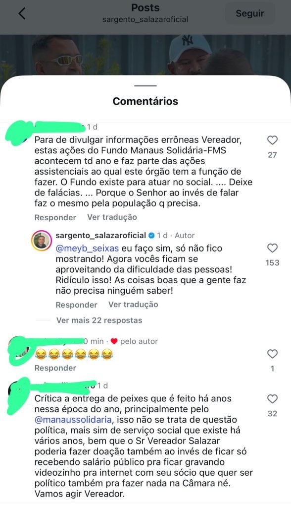 Vereador Sargento Salazar em vídeo ao lado de seu assessor durante comentários sobre a entrega de peixes em Manaus