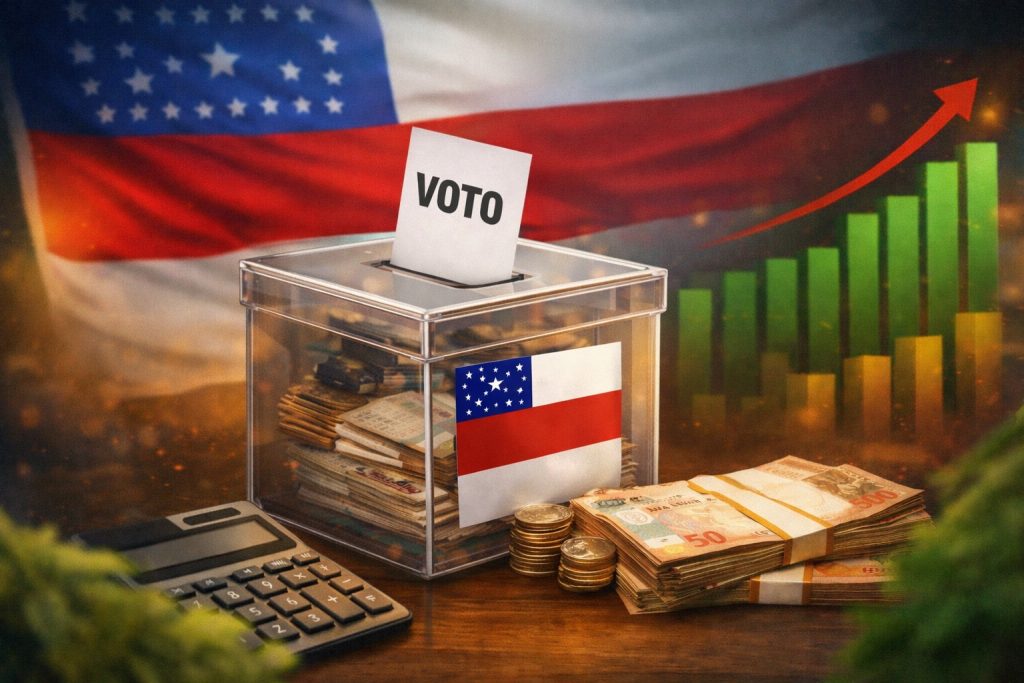 representação gráfica digital ilustrando o cenário de pesquisas eleitorais para as eleições de dois mil e vinte e seis no amazonas