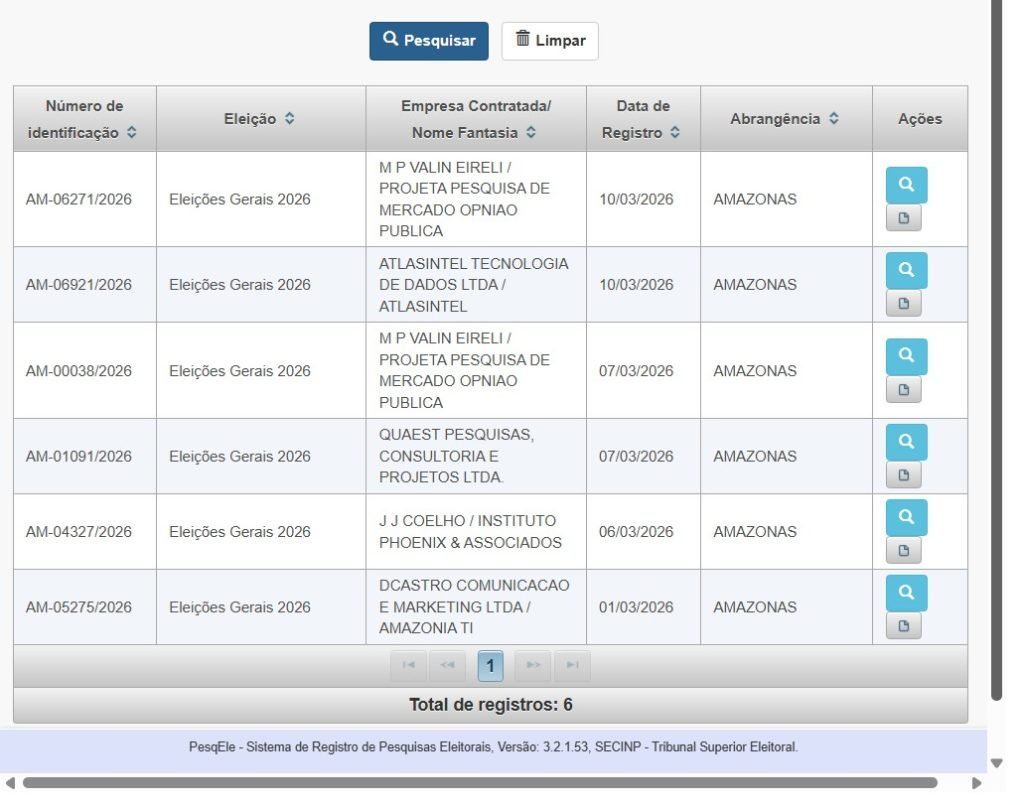 Registro de pesquisa eleitoral do instituto Quaest para as eleições de 2026 no Amazonas.