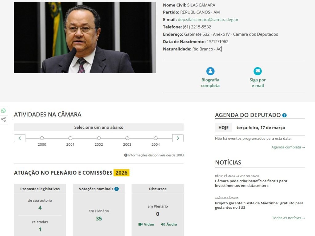 Deputado federal Silas Câmara durante sessão na Câmara dos Deputados em Brasília