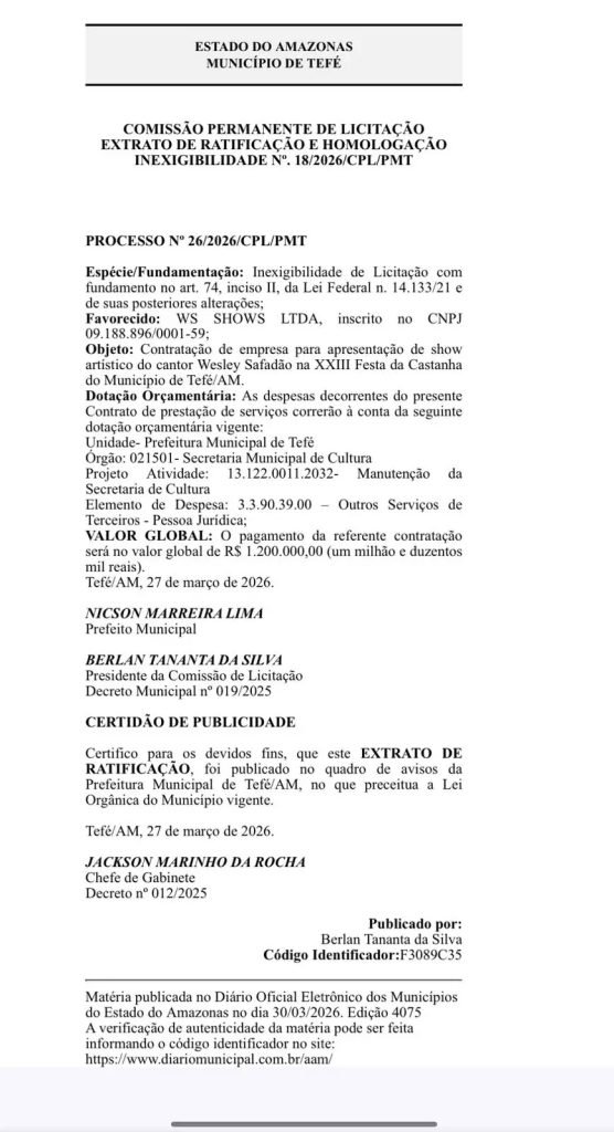O cantor Wesley Safadão que foi contratado por 1,2 milhão pela prefeitura de Tefé no Amazonas.