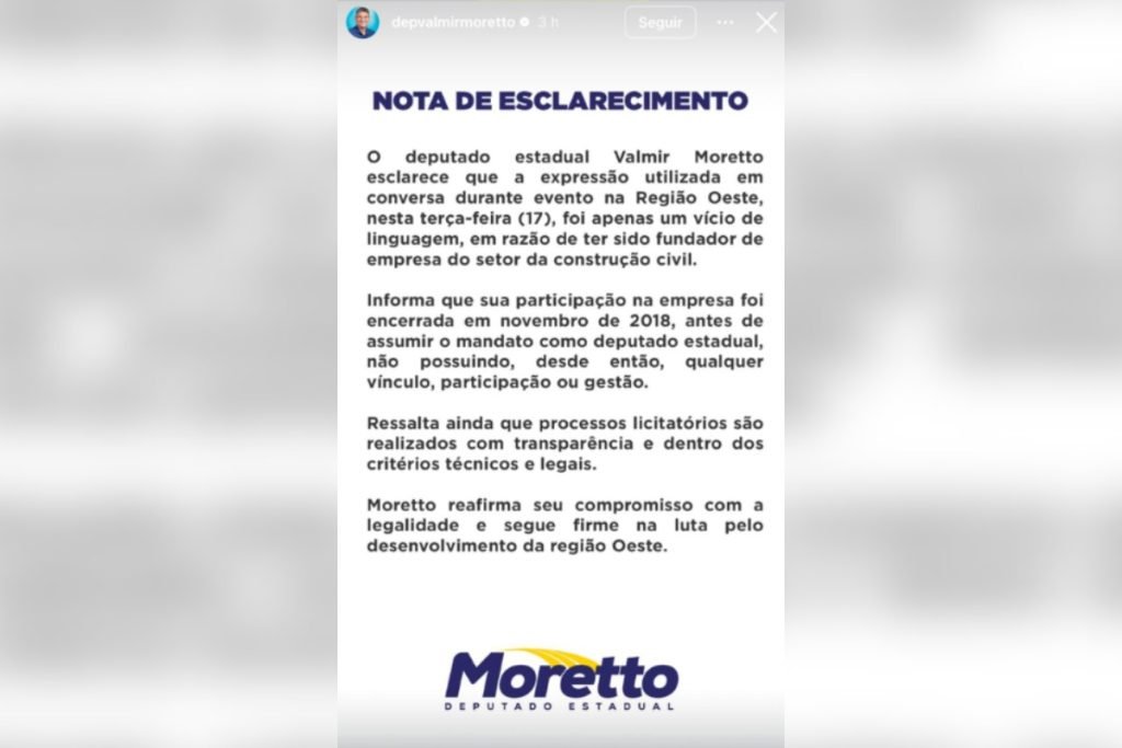 Deputado estadual Valmir Moretto durante evento público de assinatura de ordem de serviço em Mato Grosso