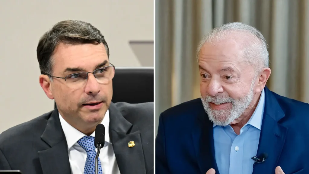 Senador Flávio Bolsonaro e Presidente Lula em imagem dividida representando pesquisa eleitoral para 2026