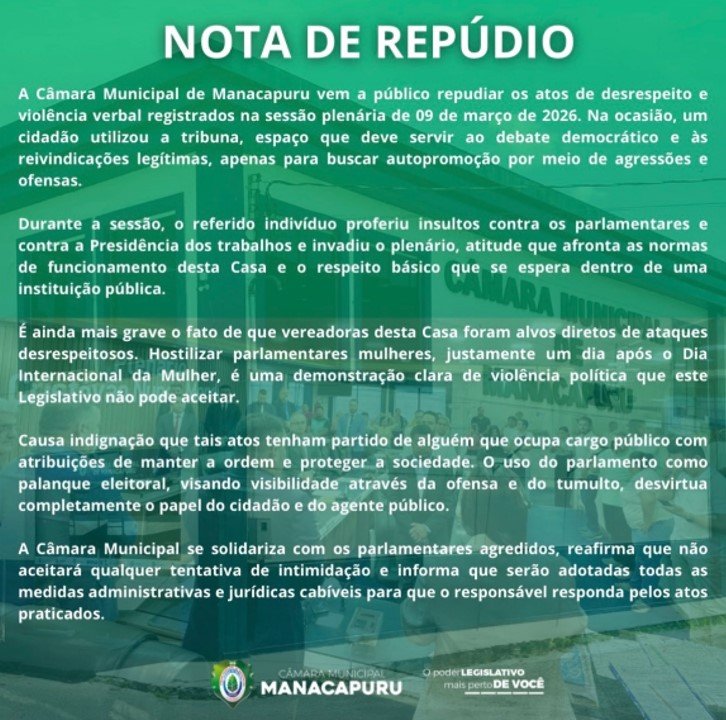 Sessão na Câmara de Manacapuru marcada por discussão entre parlamentares no plenário após acusação de machismo.