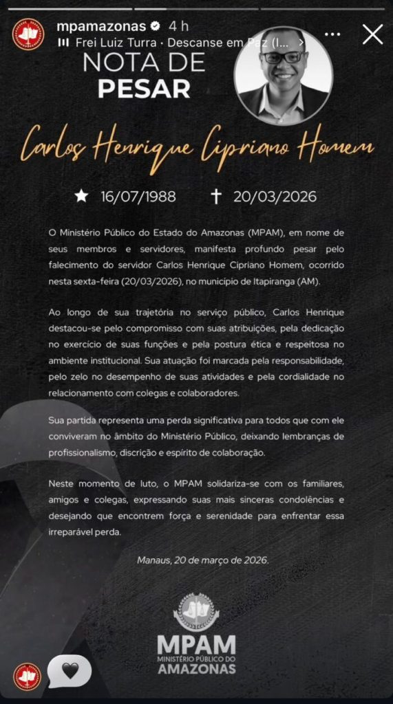 Fotografia de Carlos Henrique Cipriano assessor jurídico do Ministério Público do Amazonas que faleceu em acidente na rodovia AM 363