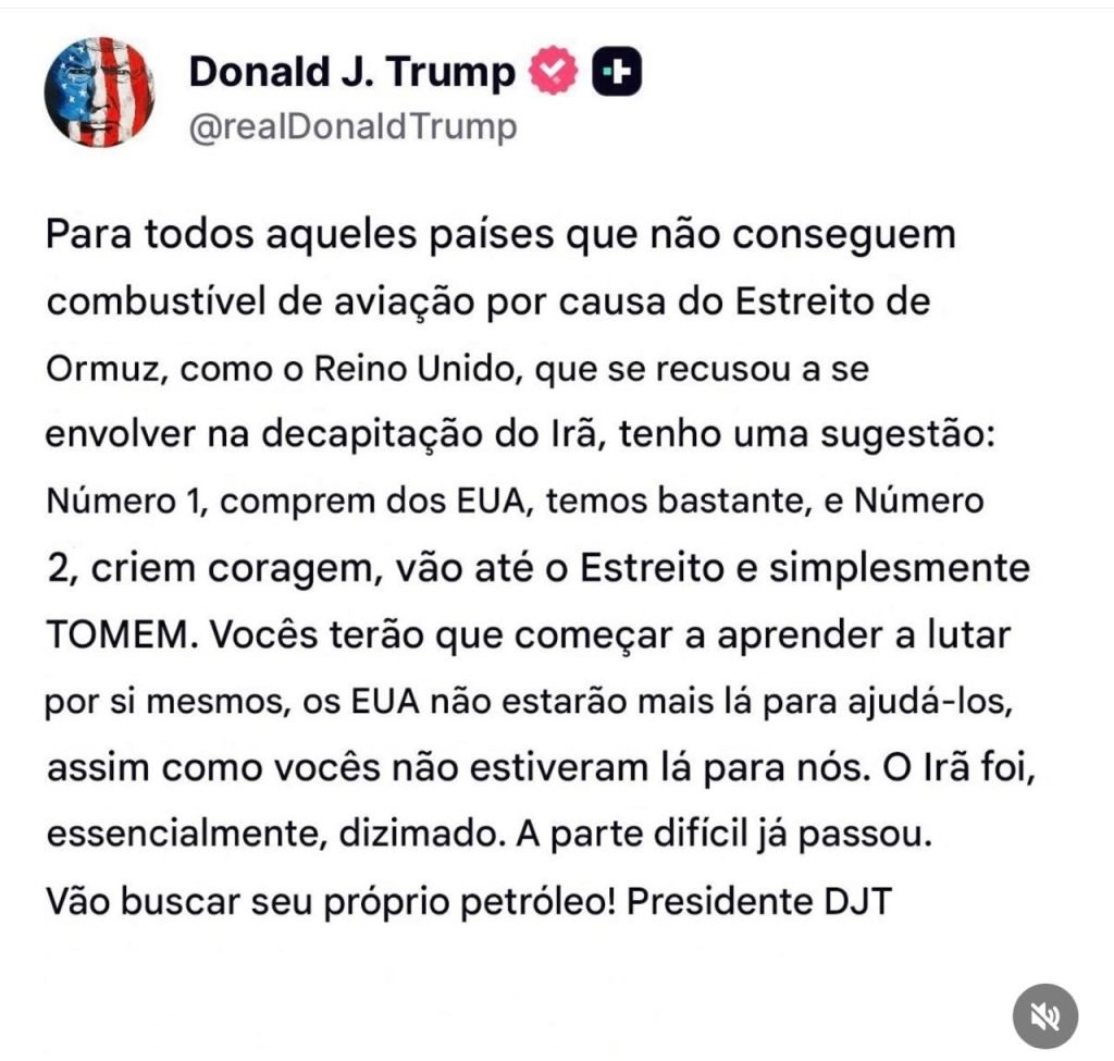 Donald Trump discursando sobre a crise de petróleo no Estreito de Ormuz
