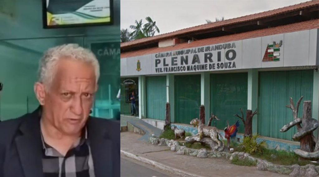 Repórter Wanderlei Modesto sendo impedido de entrar na Câmara Municipal de Iranduba por guardas municipais.