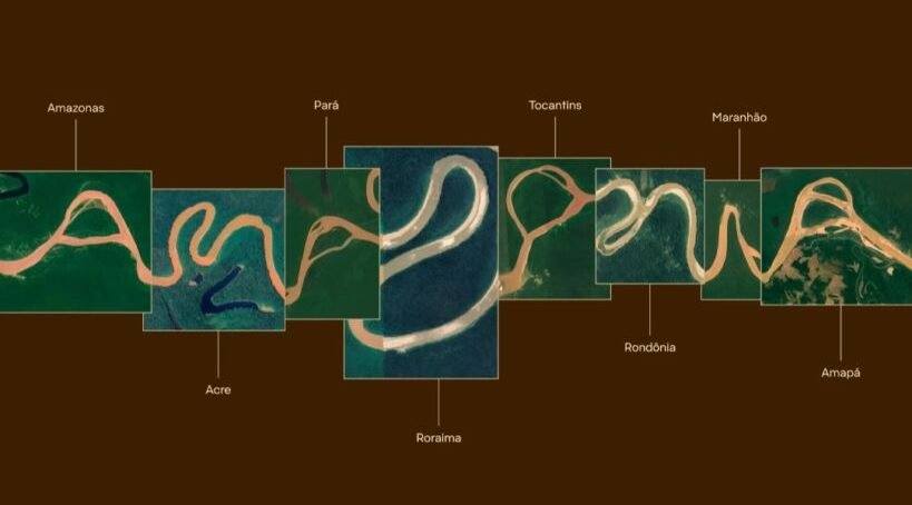 Imagens de satélite dos rios da Amazônia formando letras de um alfabeto exclusivo.