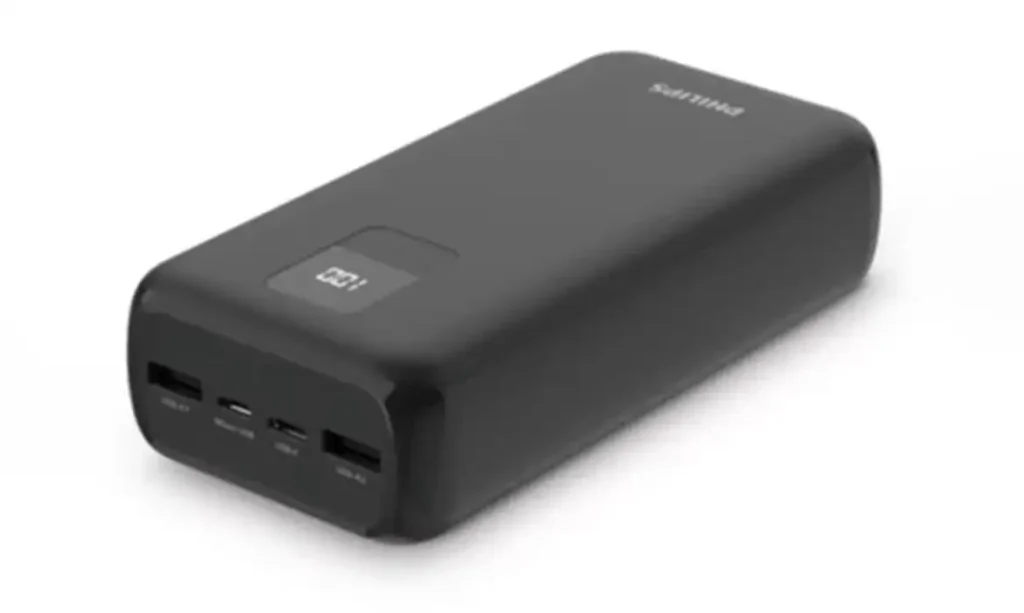 Carregador portátil branco da marca Philips em destaque representando as novas regras de segurança da Anac para voos