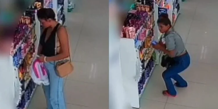 Câmeras de segurança registram o momento em que duas mulheres furtam produtos em uma drogaria no bairro Coroado em Manaus.