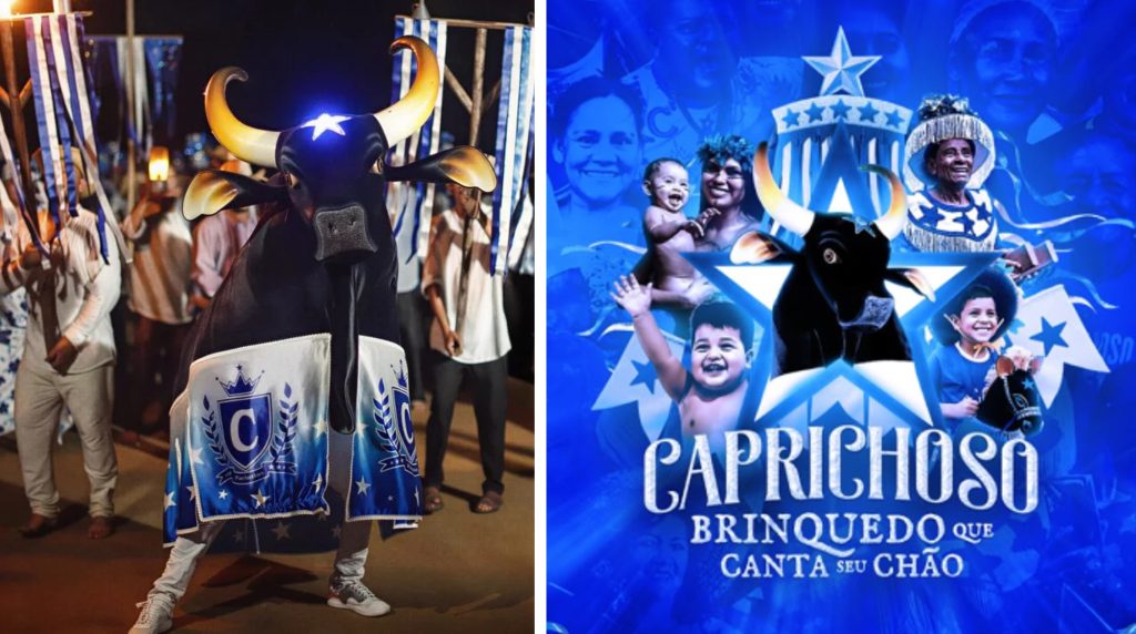 Integrantes do Boi Caprichoso durante evento de lançamento do álbum Brinquedo Que Canta Seu Chão em Parintins