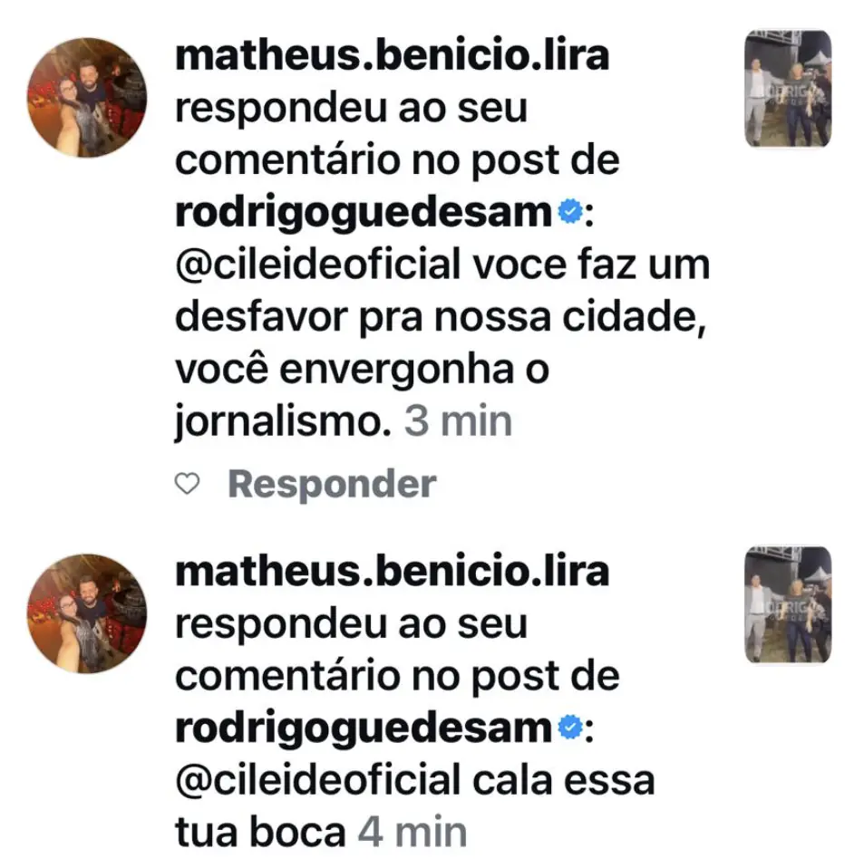 Empresária Cileide Moussallem e vereador Rodrigo Guedes em destaque sobre denúncia de ataques nas redes sociais.