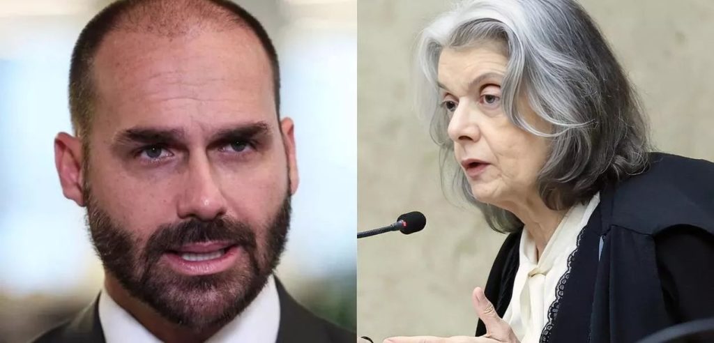 Montagem fotográfica de Eduardo Bolsonaro e Tabata Amaral sobre o julgamento por difamação no Supremo Tribunal Federal.