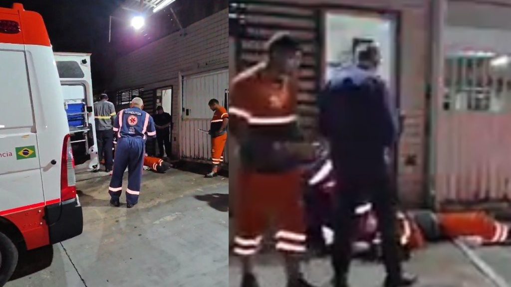 Coletor de lixo sendo socorrido por equipe do Samu após acidente com caminhão na Ponta Negra em Manaus
