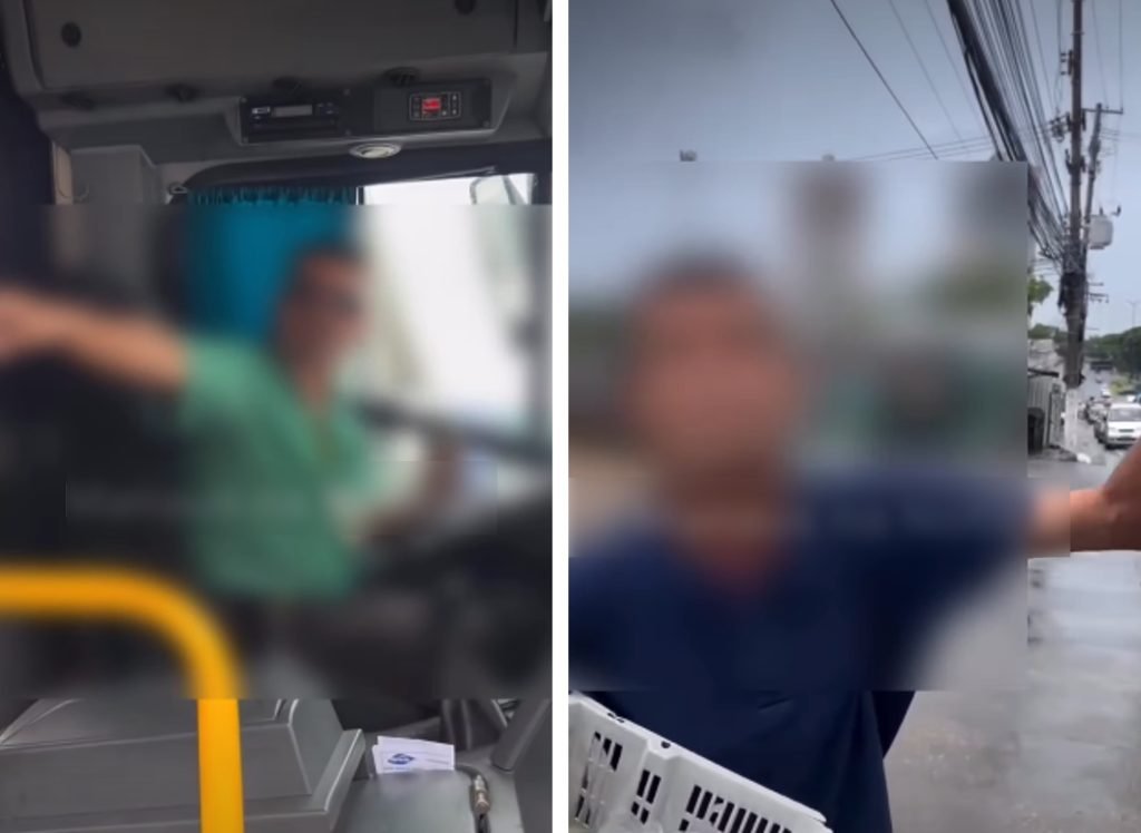 Motorista de ônibus e vendedor ambulante em frente à Delegacia Geral após confusão por pagamento de passagem em Manaus