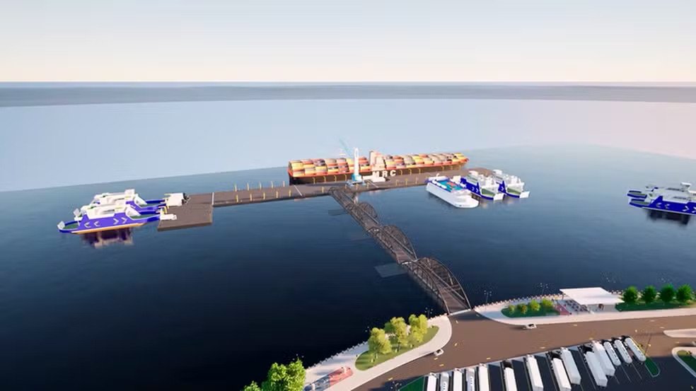 Maquete eletrônica do projeto do novo porto da Manaus Moderna exibindo o terminal de passageiros e embarcações no rio