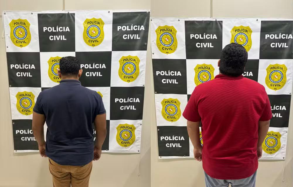 Policiais conduzindo suspeitos de aplicar golpe em agência de turismo em Belém