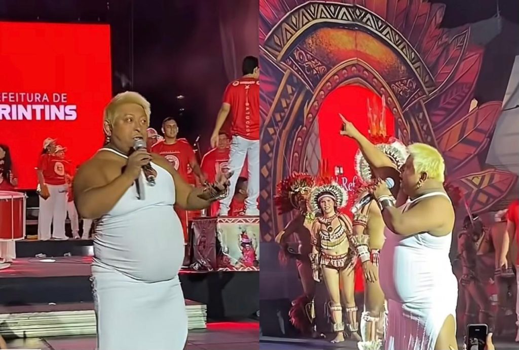Influenciadora Patixa Teló no palco durante evento do Boi Garantido no Sambódromo de Manaus