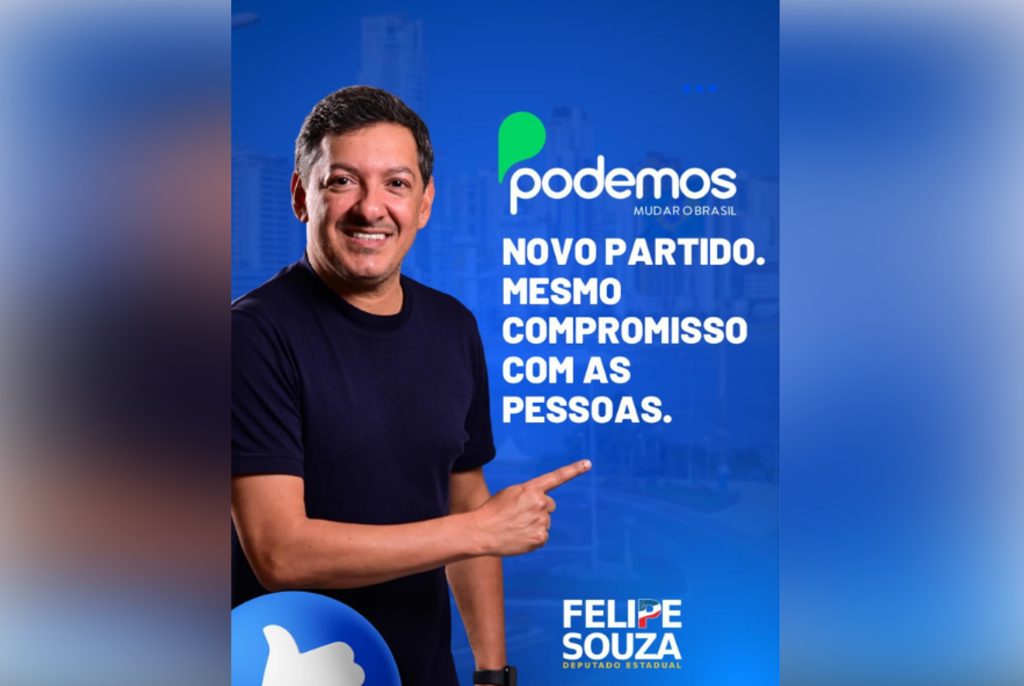 Deputado estadual Felipe Souza anunciando sua filiação ao partido Podemos em suas redes sociais.